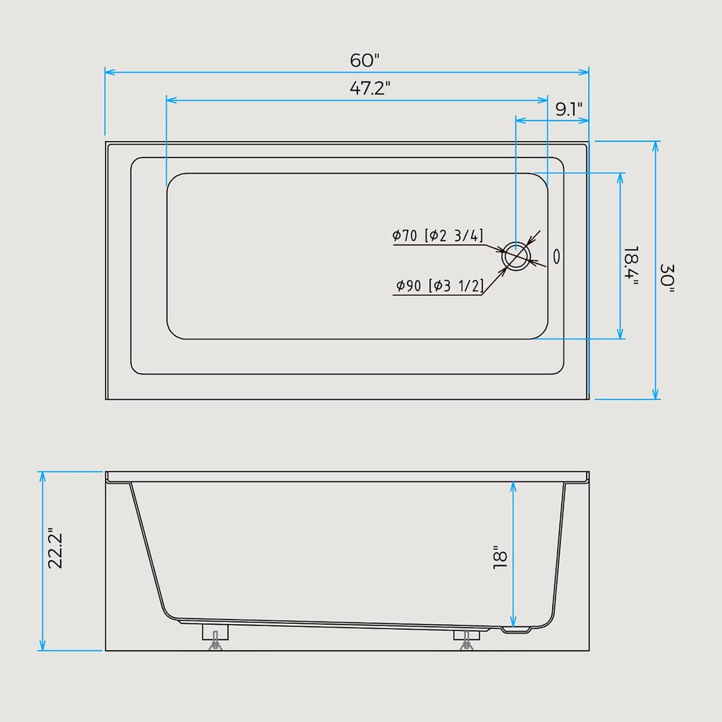 Acrylic Alcove Bathtub 60x30 Inch Rectangular Soaking Tub with Integral Apron Front, Right Drain Glossy White Brushed