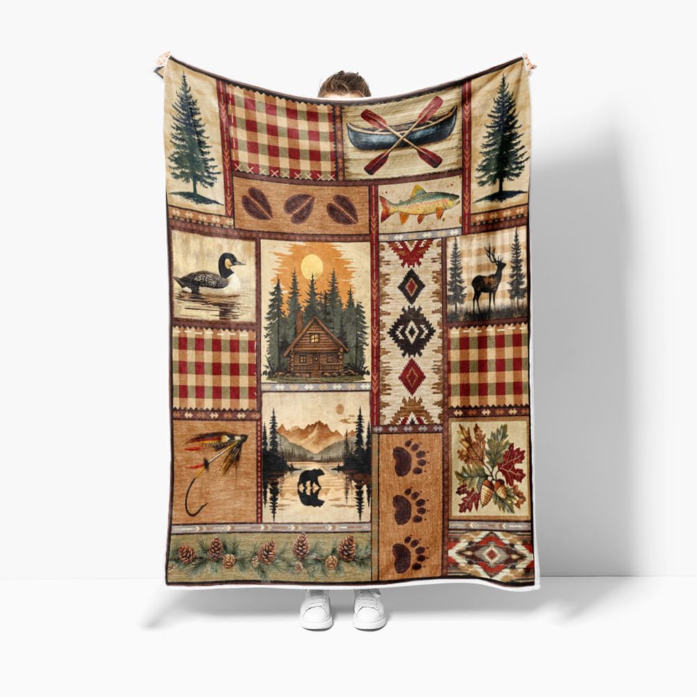 Rustic Cabin Blanket, Rustic Lodge Flannel Throw Blankets Bear Deer Country Hunting Wild Animal Cozy Warm Bed Couch