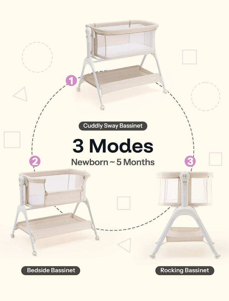 Cuddly Sway Baby Bassinet Bedside Sleeper, 3 in 1 Rocking Bassinet | Full Mesh Sides, Memory Foam Mattress, Cotton