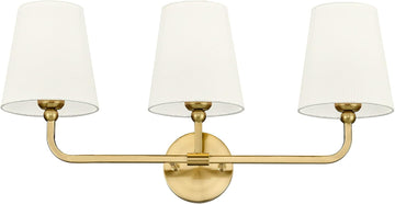 3-Light Brushed Gold Bathroom Vanity Light, Beige Fabric Shades | 24.5" bathroom light fixtures over mirror, upward