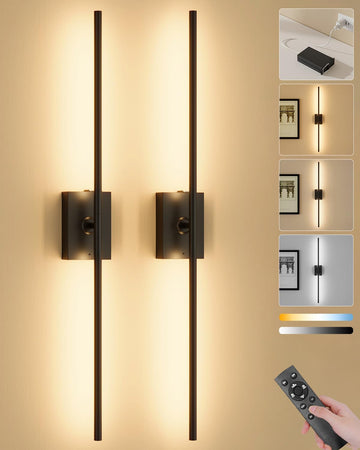 Battery Operated Wall Sconces Set of 2, 10000mAh Wireless Rechargeable 3000-6000K Dimmable 350° Rotate Wall Light
