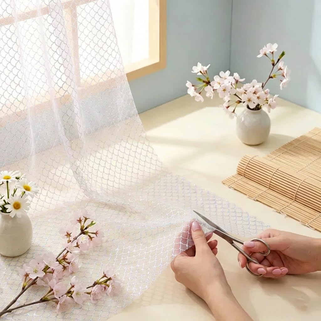 Iridescent Organza Table Runner Glitter Fish Scale Tulle Mesh Fabric