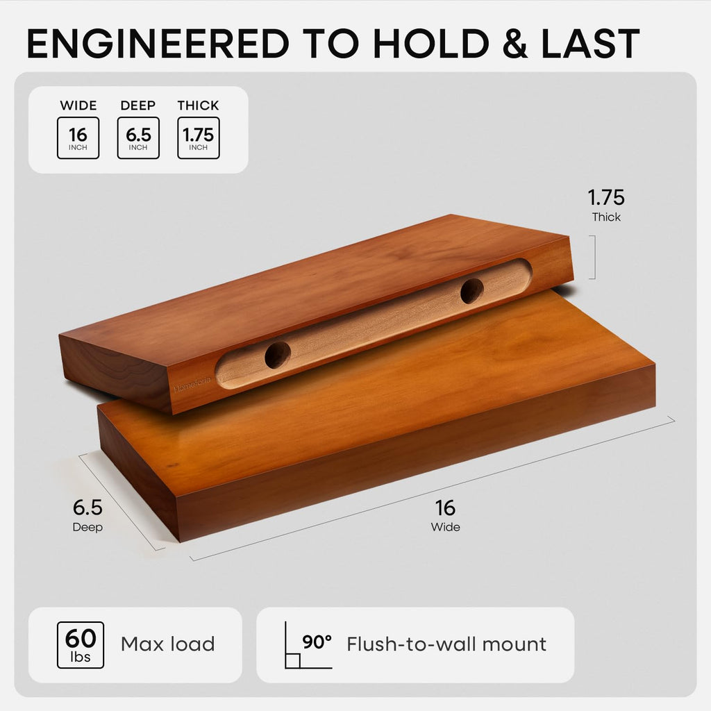 16 Inch Floating Shelves, High-End Solid Pine Wood, Set of 3