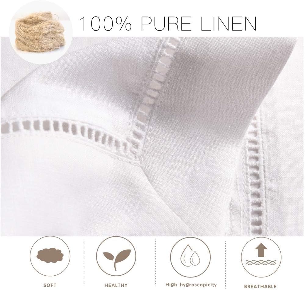 Premium 100% Linen Hemstitch Tablecloth-60 x 84 Inch White, Natural Fabric, Rectangular Tablecloth a