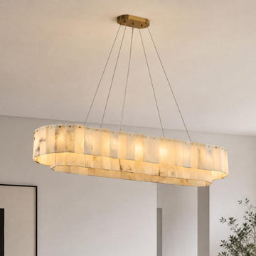 48 Inch Large Rectangular Alabaster Chandelier, 18 Light Modern Linear Pendant Light with Natural Stone Panels