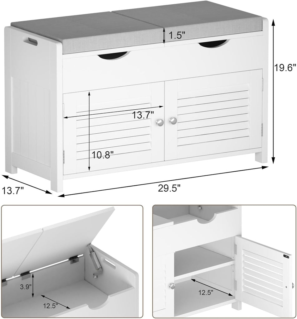 Shoe Storage Bench with Lift Top Storage, Entryway Bench with 2 Cushioned Seats, 3 Compartments, Adjustable Shelf