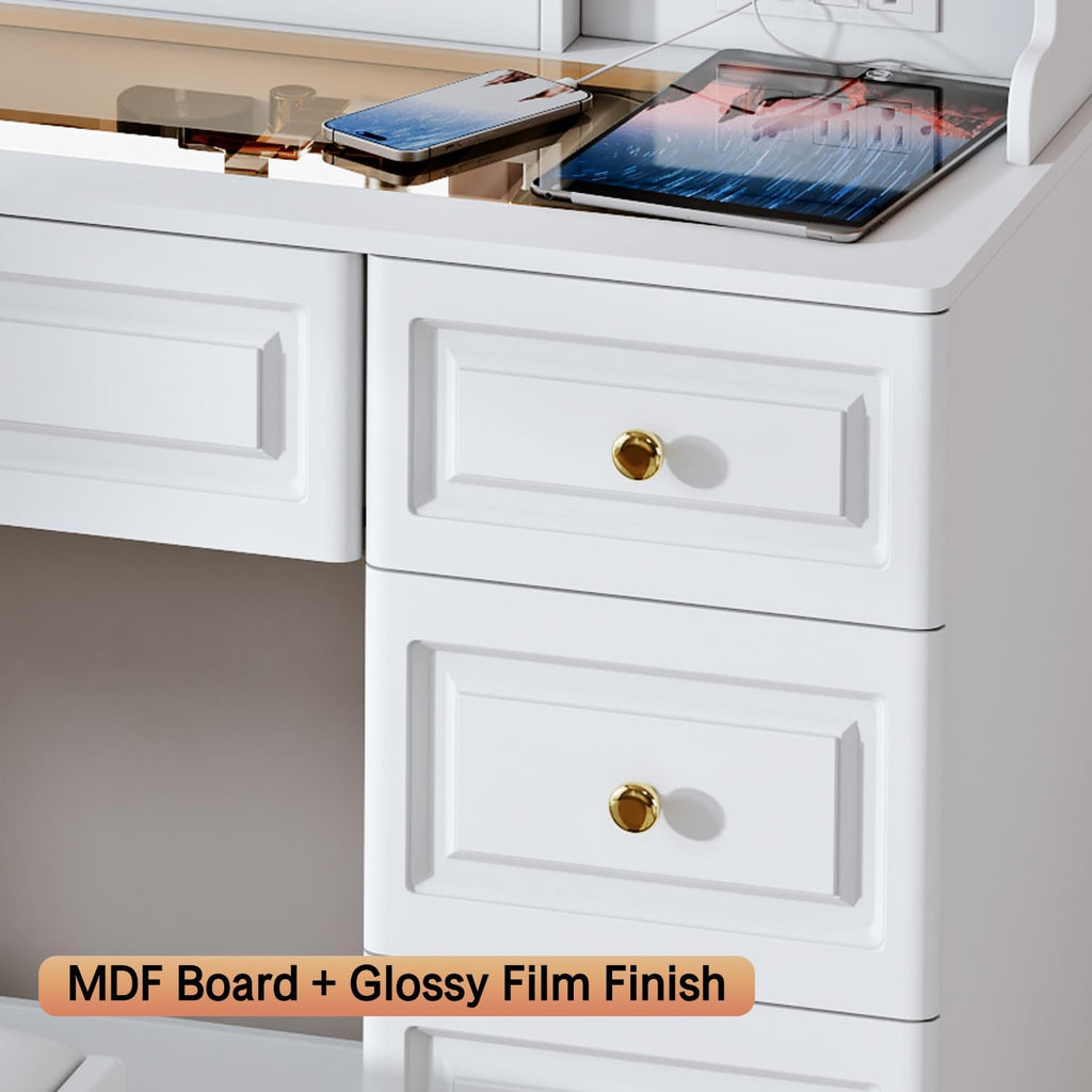 43" Makeup Vanity Desk with Mirror and Lights, & Power Outl, Glass Top Big Vanity Table with 9 Drawers& 8 Storage