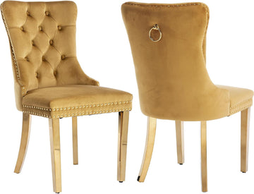 Velvet Dining Chair Set of 2, Tufted Upholstered High Wingback Chairs with Nailhead Trim, Pull Ring Back, Gold