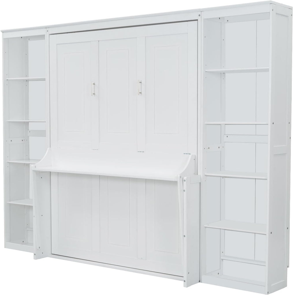 Queen Murphy Bed with Desk and Storage Shelves,Pine Wood Vertical Murphy Wall Bed Cabinet with Storage Bookcase