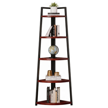 5 Tier Tall Corner Shelf, 70 inch Solid Wood Rustic Corner Bookshelf Bookcase Industrial Ladder Shelf, Display Wooden