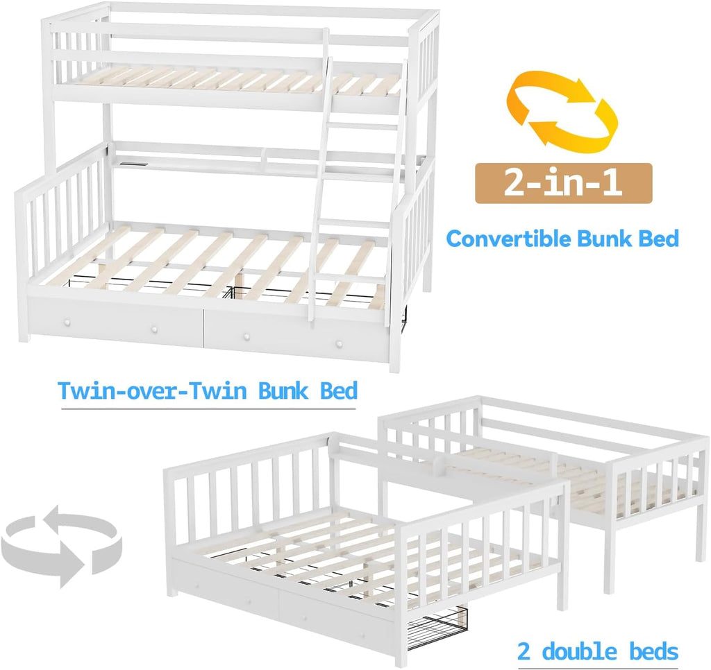Solid Wood Bunk Bed with Charging Station and LED Lights Detachable Bunk Bed Twin Over Twin with 2 Storage Drawers
