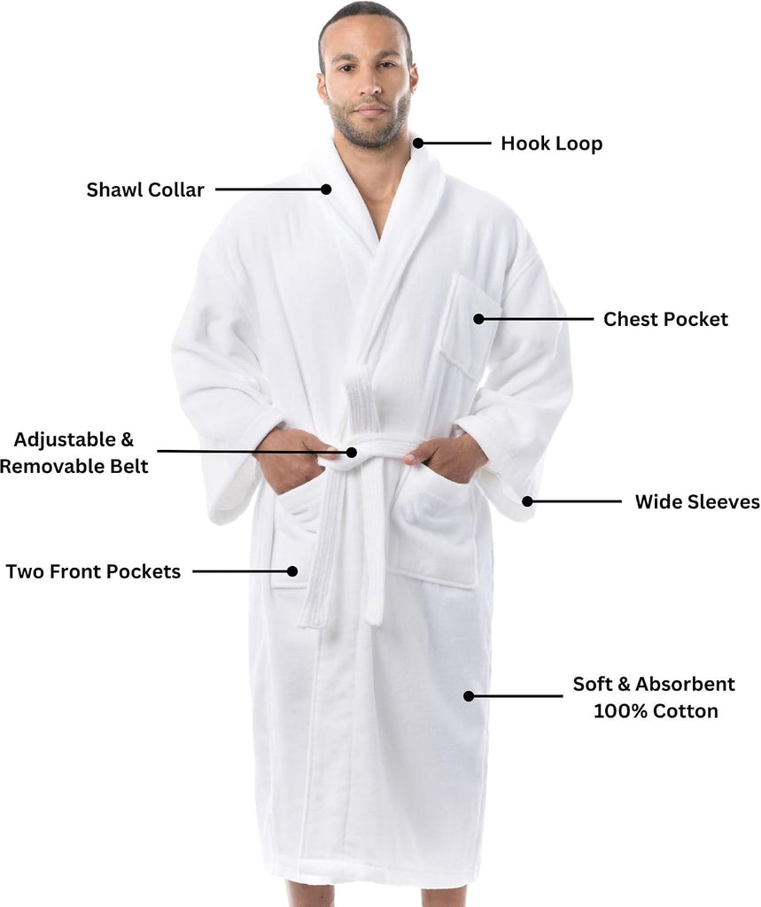 Pure Cotton Mens Terry Cloth Bathrobe Super Absorbent Spa Robe