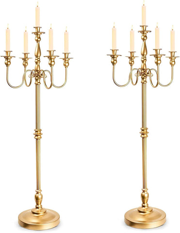 Gold Candelabra, 50'' Tall Floor Candle Holders, 2 Pcs Metal 5 Arm Centerpiece Decorations for 5 Candlesticks Party