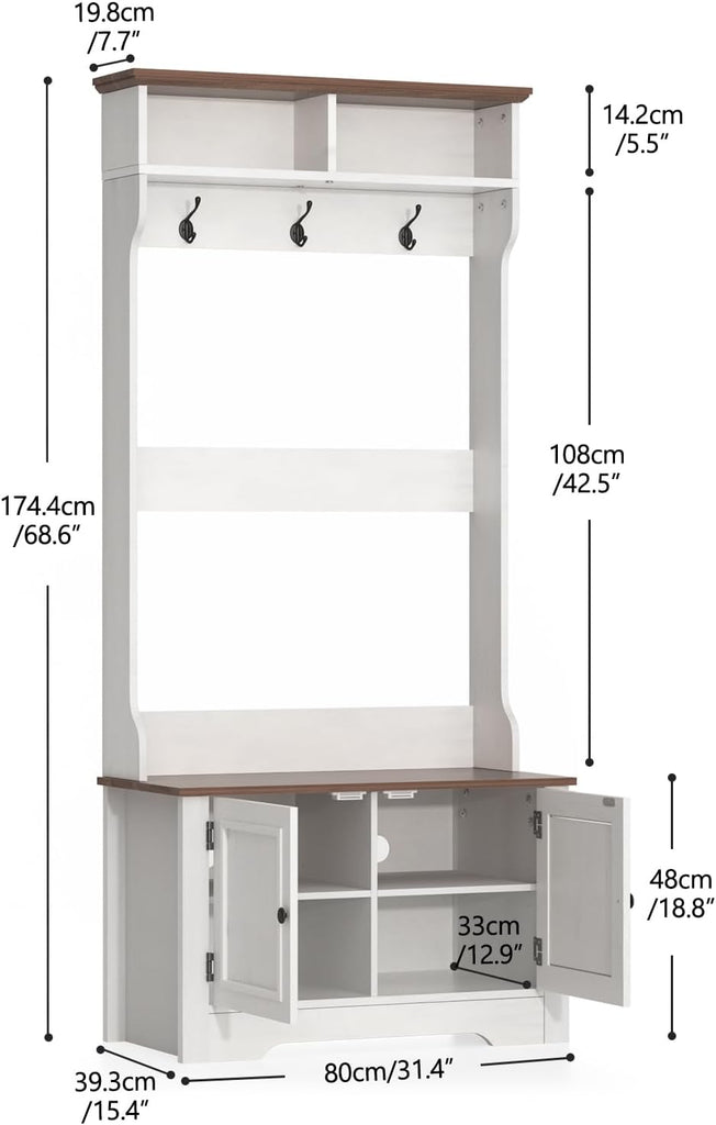 Hall Tree with Shoe Rack, 5-in-1 Farmhouse Coat Rack with Shoe Bench, Standing Shoe Storage with 3 Hooks for Front