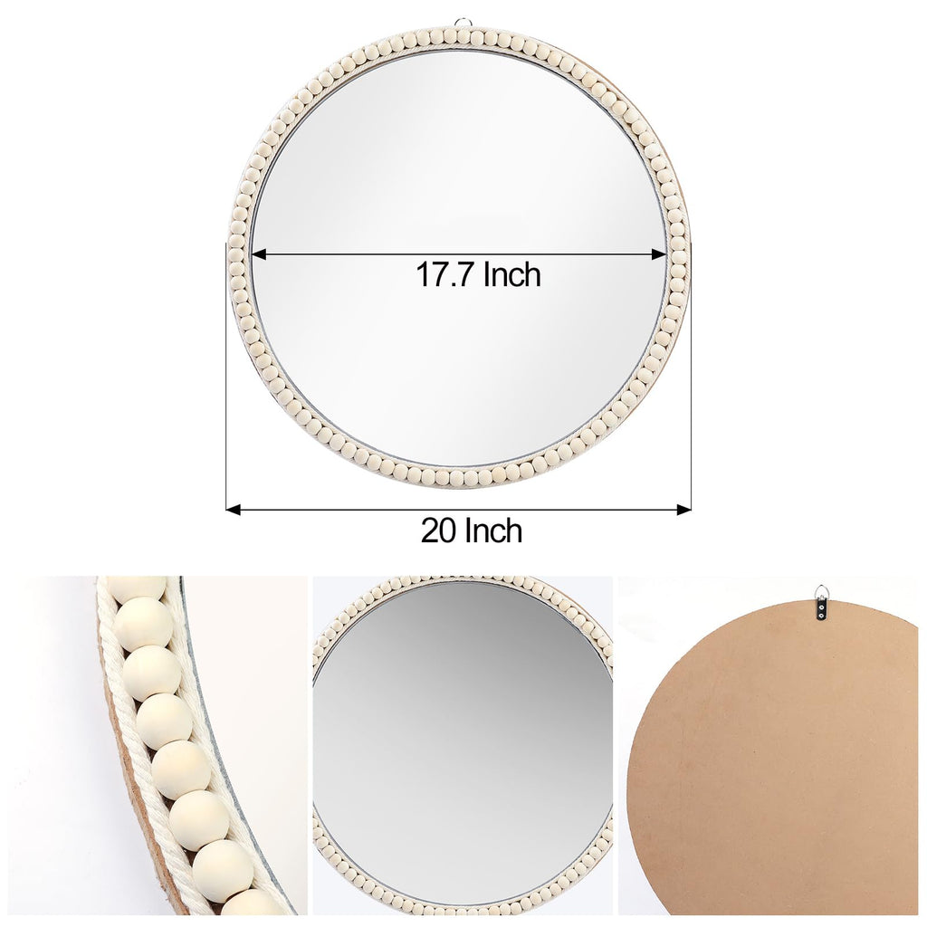 20 Inch Boho Beaded Round Mirror Wall Decor, Decorative Hanging Circle Nursery Mirrors for Girl Room, Farmhouse