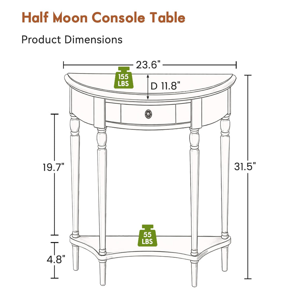 Half Moon Console Table Solid Wood Vintage Entryway Table with Storage Drawer Small Hallway Table Half Round Foyer