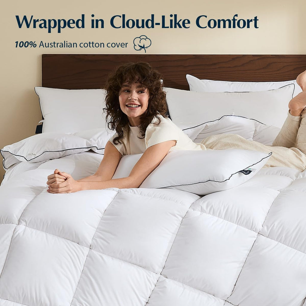 Premium Goose Down Fiber Comforter Queen, 420TC 100% Australian Cotton Shell, All-Season Comforter with Hidden Baffle