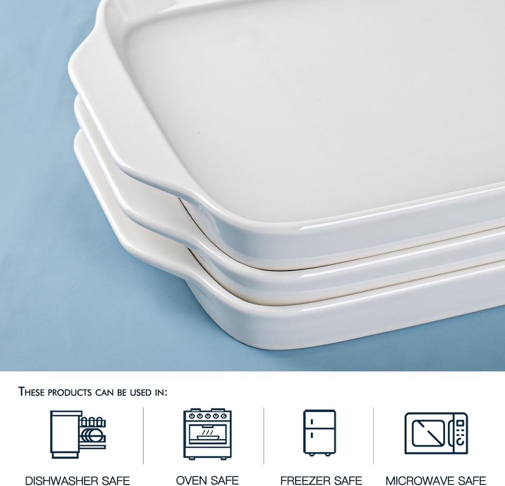 Large Serving Platter with Handles 16"x9" - White Porcelain Serving Trays Set of 3, Rectangular Platters for