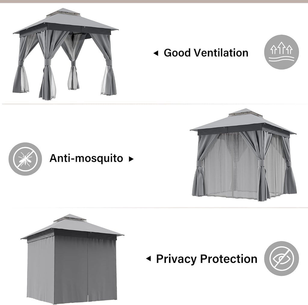 Patio Gazebo 8'x8', Outdoor Heavy Duty Party Tent Shelter with Double Roofs, Mosquito Nettings and Privacy Screens Gray