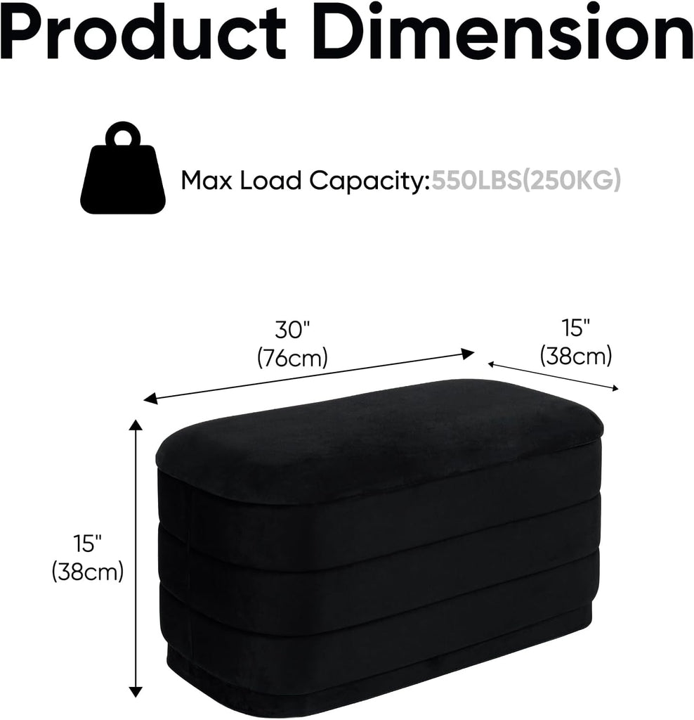 30" Velvet Storage Ottoman Bench with Wooden Tray Lid, Folding Large Upholstered Ottoman Footstool , Rectangular