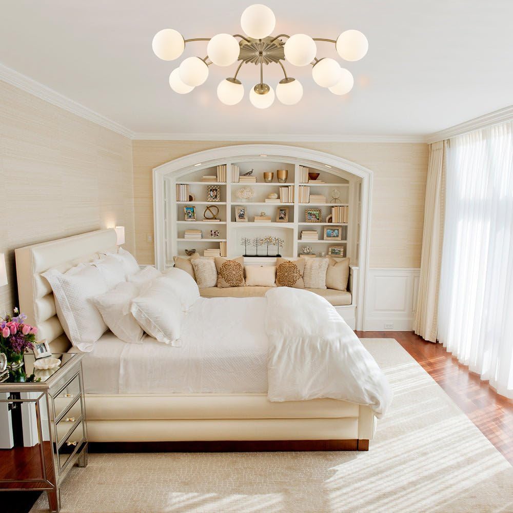 12-Light Sputnik Chandelier Gold and White 38.1 Inches | Flush Mount Ceiling Lights, Blossom Accent, Mid Century Opal