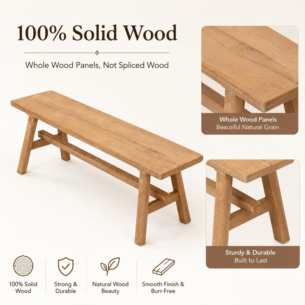 Solid Wood Bench, 39.4" Entryway Bench, Rustic Farmhouse Wooden Bench Indoor, Long Narrow Wood Bench End of Bed