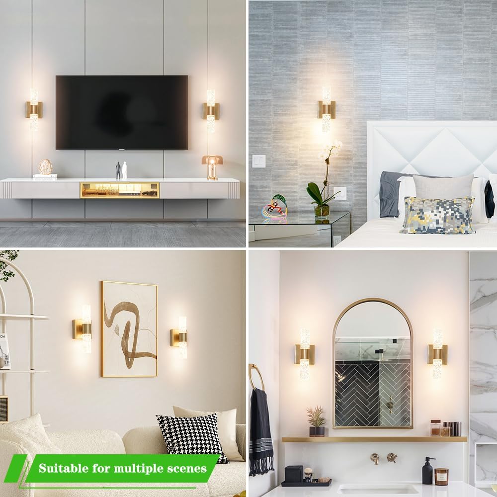 Crystal LED Wall Sconces Set of 2, Brushed Gold Bathroom Light Fixtures, Modern Bathroom Sconce Lights with Wired LED
