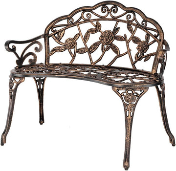 Small Outdoor Garden Patio Bench, Outside Benches 2-Person Aluminium Rose Loveseat Bench Elegance with Backrest and