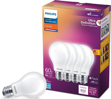 60W A19 4-Pack Ultra Definition Soft White LED Light Bulbs (2700K) 800 Lumen (8W = 60W) Dimmable Clear Flicker-Free