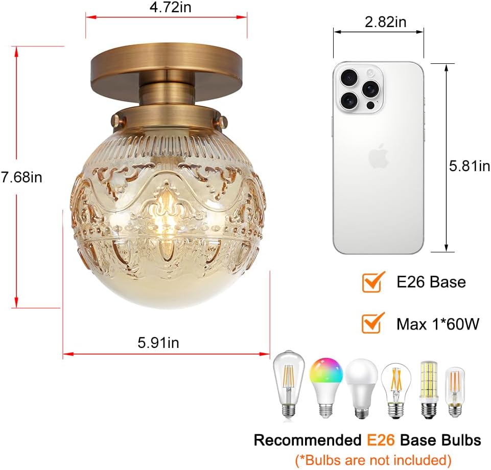 Semi Flush Mount Ceiling Light, Gold Vintage Kitchen Ceiling Lighting Fixture, Amber Globe Glass Close to Ceiling