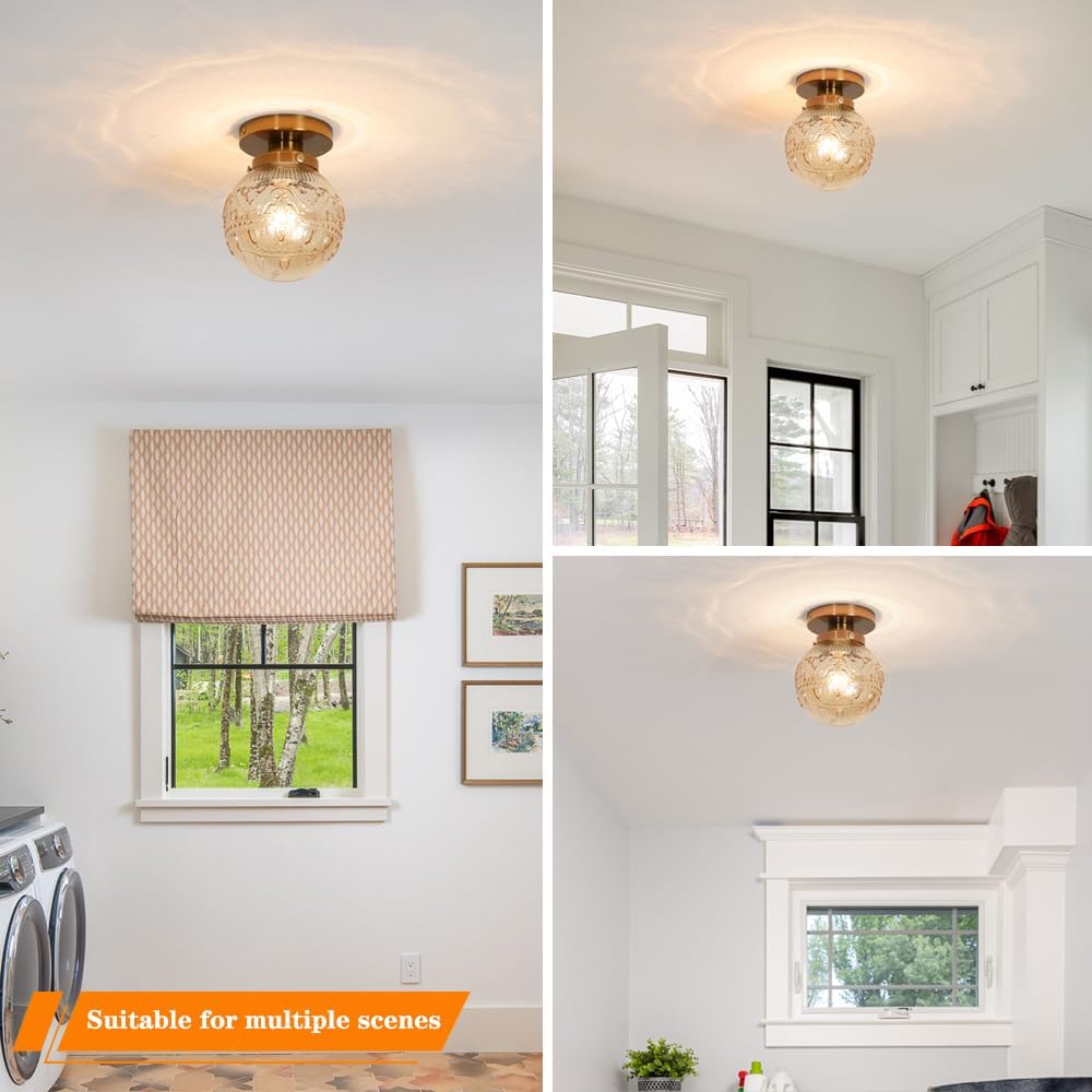 Semi Flush Mount Ceiling Light, Gold Vintage Kitchen Ceiling Lighting Fixture, Amber Globe Glass Close to Ceiling