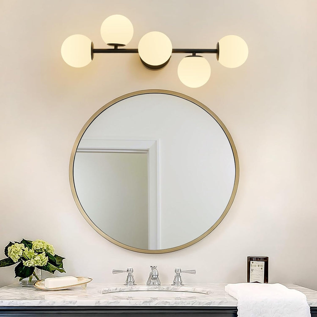 27" Mid Century Modern White Globe Black LED Bathroom Vanity Light | Matte Black Finish, Sleek Mid Century Modern