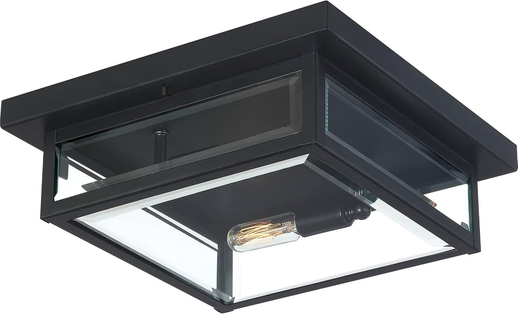 Westover 12" Outdoor Flush Mount Ceiling Light, 2-Light Earth Black with Clear Beveled Glass, E12 Base, ETL Damp Rated