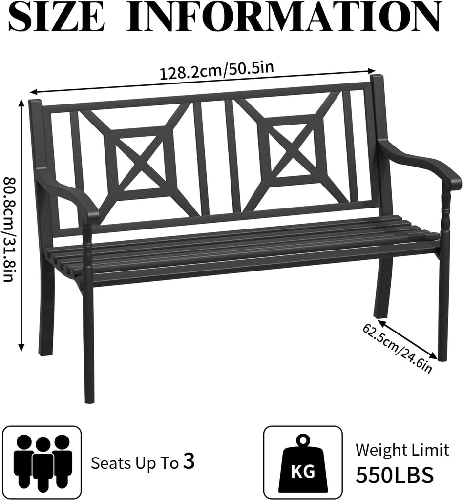 50'' Outdoor Bench, Garden Bench, Outdoor Metal Frame Patio Park Bench with Backrest and Armrests,for Porch