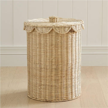 Woven Rattan Storage Basket with Lid, Round Laundry Hamper with Metal Frame | Handmade Rattan Basket for Clothes