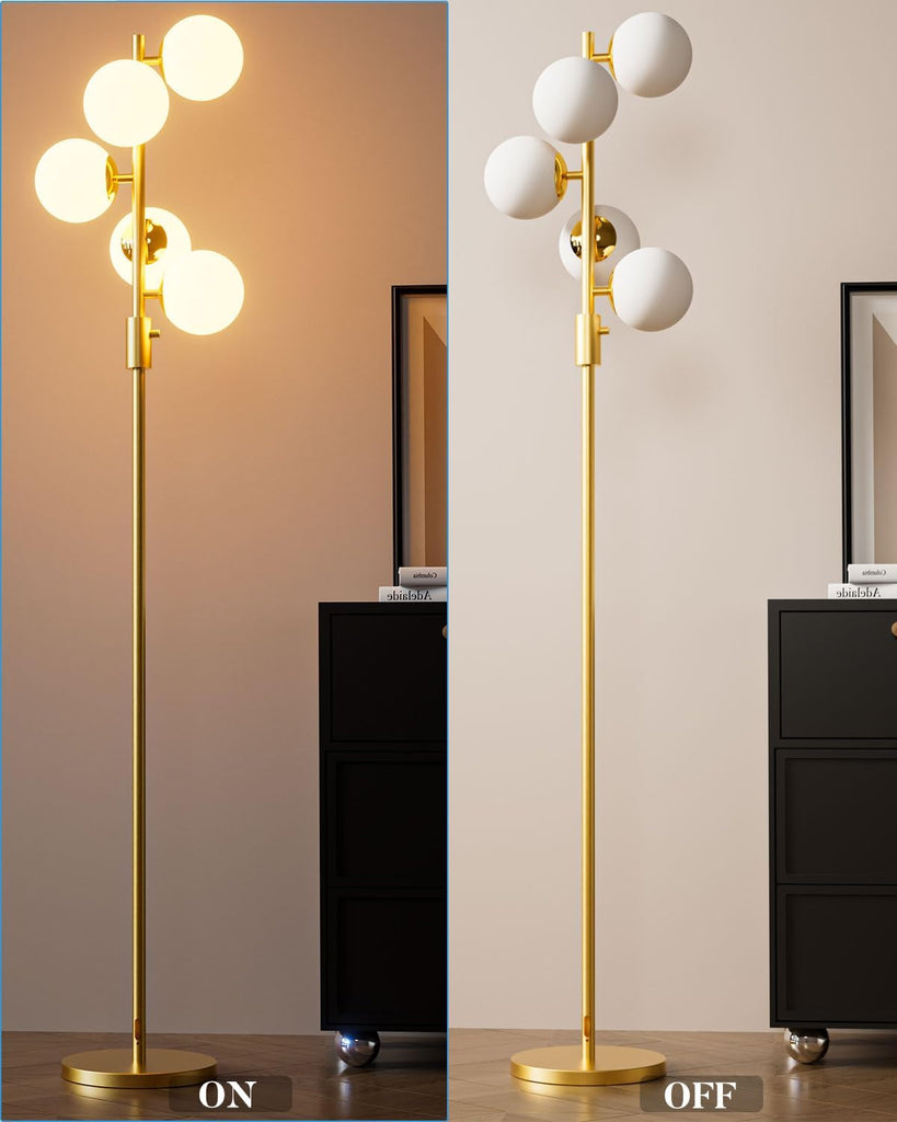 Dimmable Globe Floor Lamp Mid Century Modern Floor Lamp with 5Pcs 3000K Bulbs Included Brightness Adjustable Gold
