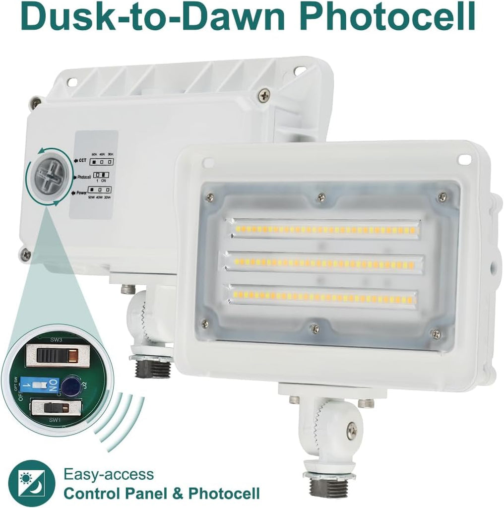 LED Flood Light Outdoor, Dusk-to-Dawn Photocell, 50W/40W/30W 3CCT | 3000K/4000K/5000K 6500LM, IP65 Waterproof