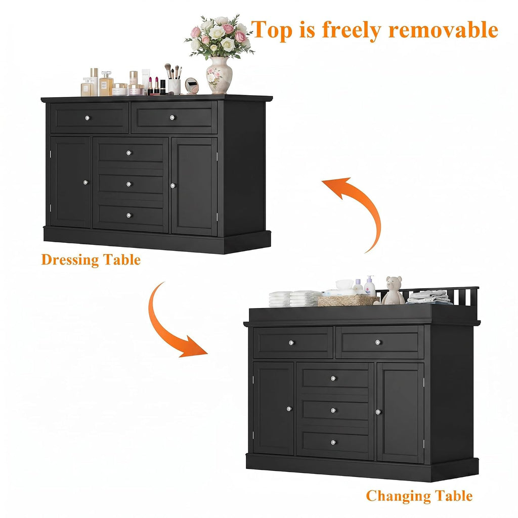 46" Black Baby Changing Table Nursery Dresser with Removable Top | Large Dresser with 5 Storage Drawers and 2 Doors