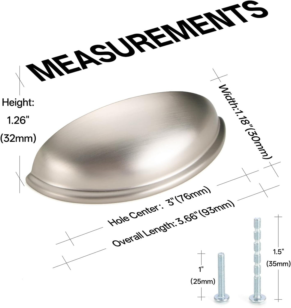 Hardware 10 Pack Cup Pull Cabinet Handles Brushed Nickel 3 Inch Cupboard Kitchen Handle Drawers Pulls