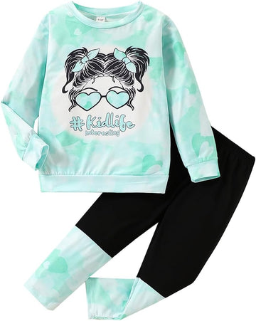 Kids Toddler Girls Clothes Figure Graphic Drop Shoulder Top Pullover Spotted Print Pants Fall Winter Outfit Set