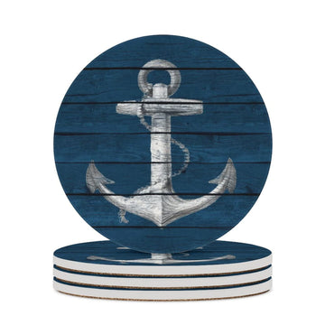 Anchor Wooden Coasters for Drinks, Set of 4, 4 Inch Absorbent Diatomite Ceramics Nautical Coasters with Cork Base