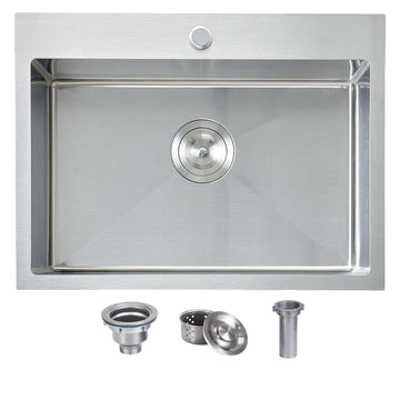 22x18 Inch Drop In, Stainless Steel Handmade Single Bowl Topmount, Brushed Nickel Prep Sink with Strainer