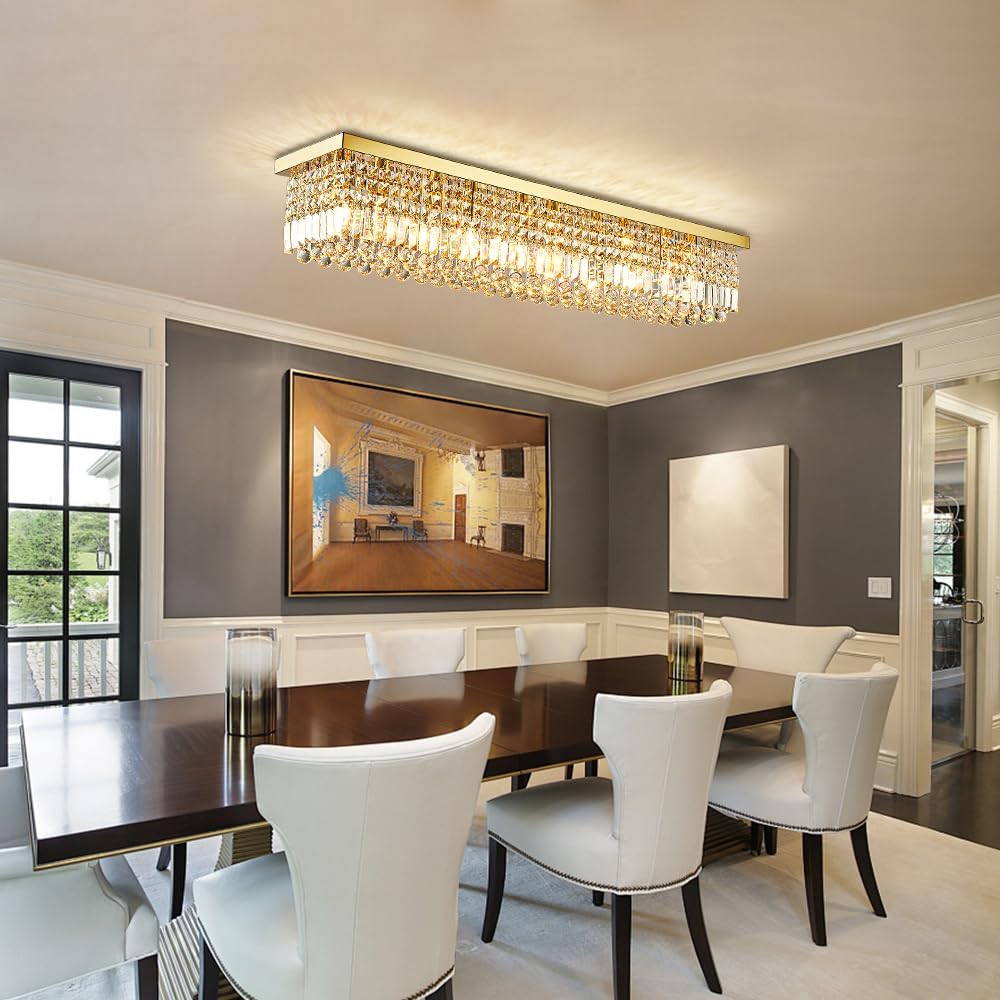 Rectangular Gold Crystal Chandelier, 8-Light Modern Dimmable K9 Crystal Raindrop Chandelier, Luxury Rectangle Flush