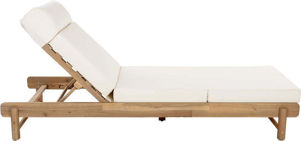 Outdoor Chaise Lounge, 4-Fold Cushion with Built-in Headrest, Acacia Wood Recliner Chair with Slatted Design