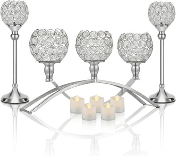 Silver Crystal Candle Holders, Decorative Arch Candelabra Centerpieces for Tables, 3-Arm Candlesticks Holder and 2