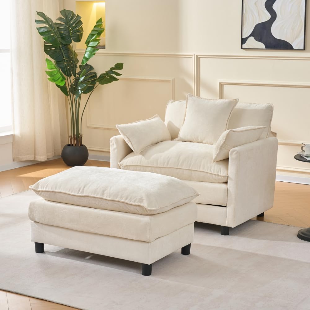 Luxe Oversized Lounge Chair and Ottoman — Beige Chenille