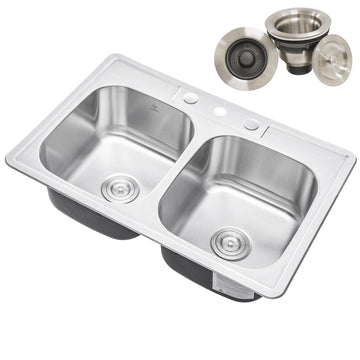 CozyBlock 33" x 22" 50/50 Double Bowl Drop- Sink with Strainer