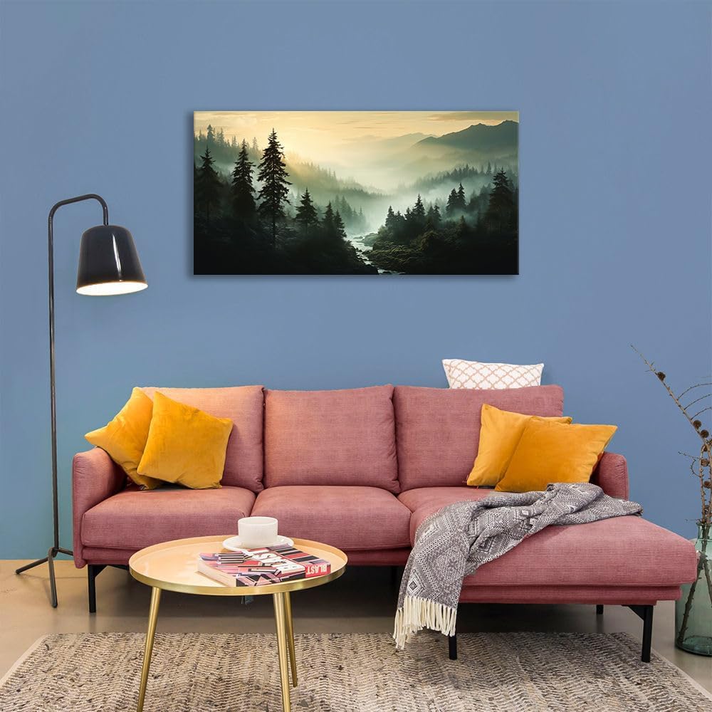 Misty Forest Canvas Wall Art Foggy Mountain Landscape Nature Picture Decor Living Room Pine Trees Smoky Scenery