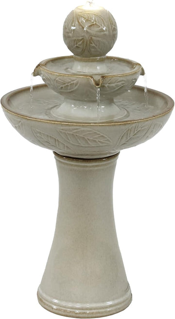 Gentle Glow 26.5" H 2-Tier Ceramic Outdoor Fountain with LED Light - Tiered Water Feature with Electric Pump - Off-White