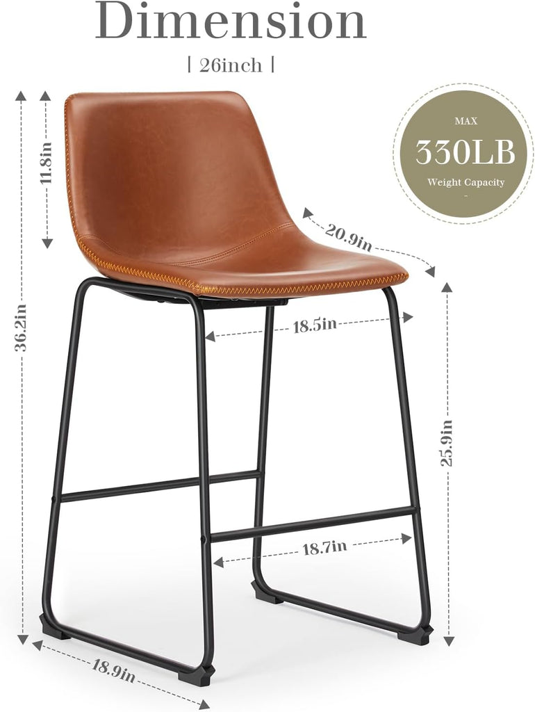 26 Inch Counter Height Bar Stools Set of 4, Modern Faux Leather High Barstools with Back and Metal Leg, Upholstered